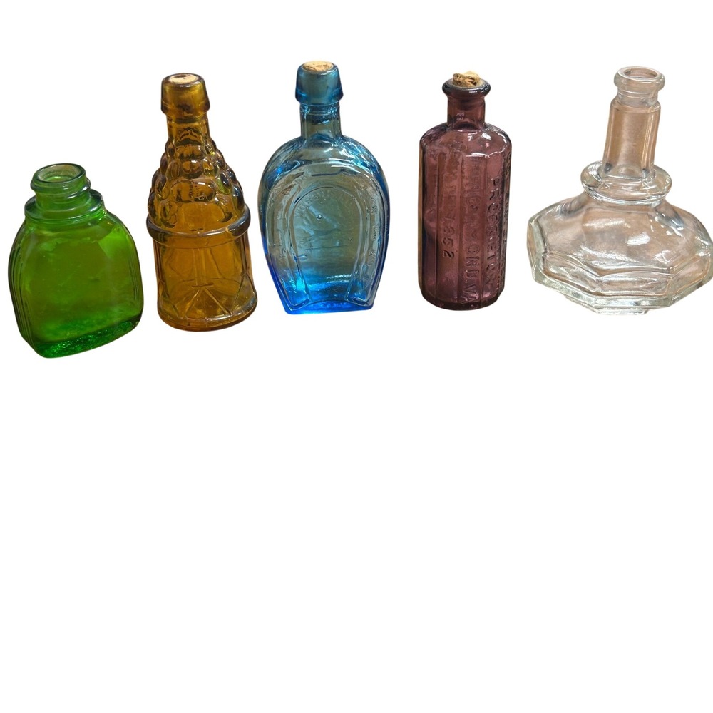 Vintage/Amtique Miniature Glass Bottles Lot of 5 Horseshoe Drum Apothecary Mixed